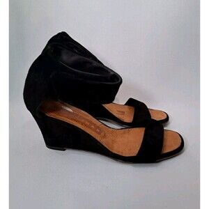 Chie Mihara Ruala Black Suede Leather Wedge Ankle Strap Sandals Shoes Sz 36.5/6